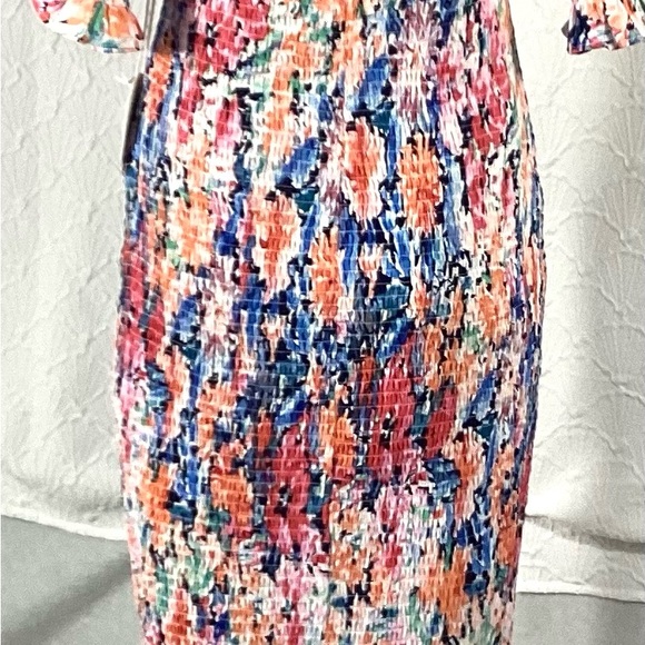 NWT Large Luxxel Multicolor Floral Midi Dress smocked body ruffle - Picture 8 of 16